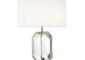 Table Lamp - Sculptured Crystal Base - Cream Inlaid Round Shade - Chrome