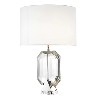 Table Lamp - Sculptured Crystal Base - Cream Inlaid Round Shade - Chrome