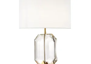 Table Lamp - Sculptured Crystal Base - Cream Inlaid Round Shade - Brass
