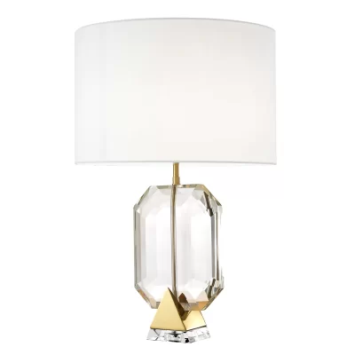 Table Lamp – Sculptured Crystal Base – Cream Inlaid Round Shade – Chrome