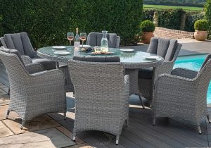 6 Seat Oval Garden Dining Table Set - Umbrella & Base - Grey Polyrattan