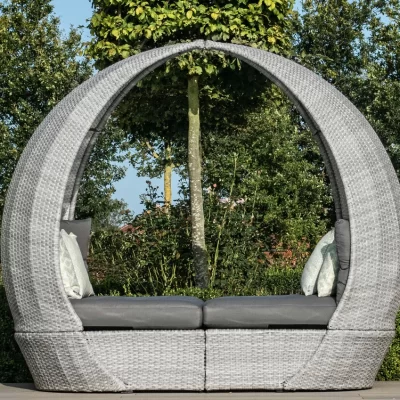 Garden Daybed – Grey Fabric – Grey Poly Rattan
