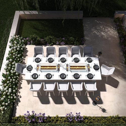 12 Seat Rectangular Double Fire Pit Dining Set - All Weather Light Grey Fabric