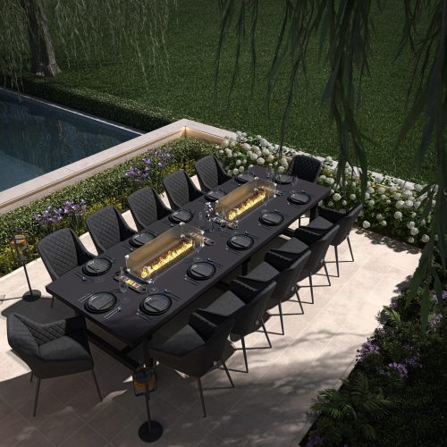 12 Seat Rectangular Double Fire Pit Dining Set - All Weather Charcoal Fabric