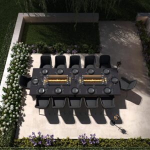 12 Seat Rectangular Double Fire Pit Dining Set - All Weather Charcoal Fabric