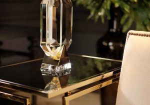 Table Lamp - Sculptured Crystal Base - Black & Gold Inlaid Round Shade
