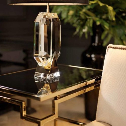 Table Lamp - Sculptured Crystal Base - Black & Gold Inlaid Round Shade