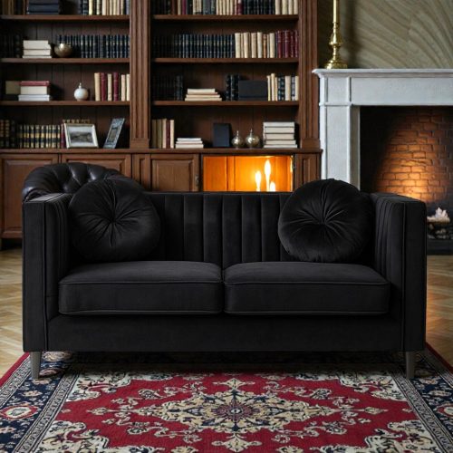 2 Seater Black ‘Kensington’ Velvet Sofa – Black Legs