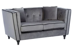 2 Seater Sofa - Plush Grey Velvet Finish - Black Legs