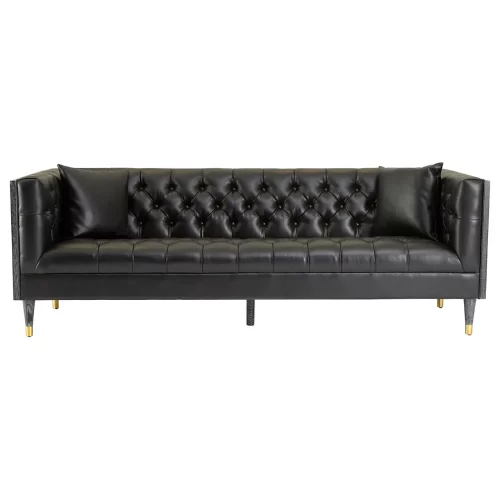 3 Seater Sofa - Raven Black Faux Leather - Wood Surround