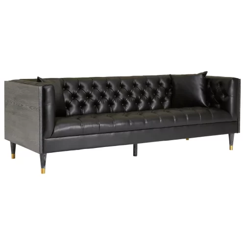 3 Seater Sofa - Raven Black Faux Leather - Wood Surround