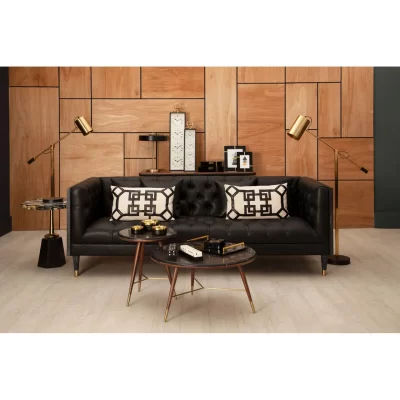3 Seater Sofa – Raven Black Faux Leather – Wood Surround