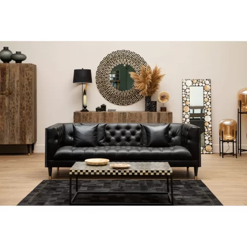 3 Seater Sofa - Raven Black Faux Leather - Wood Surround