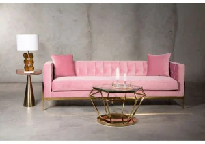3 Seater Sofa - Plush Pink Velvet Finish - Gold Frame Surround
