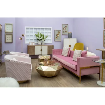 3 Seater Sofa – Plush Pink Velvet Finish – Gold Frame Surround