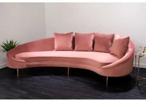 4 Seater Curved Sofa - Plush Salmon Pink Velvet Finish - Gold Legs