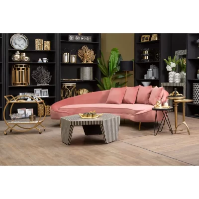 4 Seater Curved Sofa – Plush Salmon Pink Velvet Finish – Gold Legs