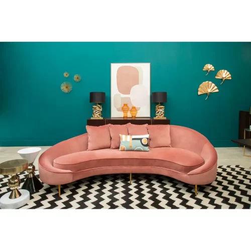 4 Seater Curved Sofa - Plush Salmon Pink Velvet Finish - Gold Legs