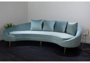 4 Seater Curved Sofa - Plush Light Blue Velvet Finish - Gold Legs