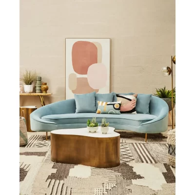 4 Seater Curved Sofa – Plush Light Blue Velvet Finish – Gold Legs