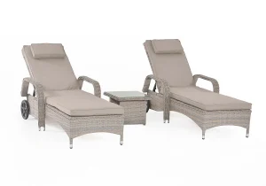 Double Sun Lounger Set - Glass Top Side Table - Caramel Stone Weave