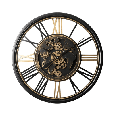 Wall Clock World Moving Cogs – Skeleton – Black & Gold Finish