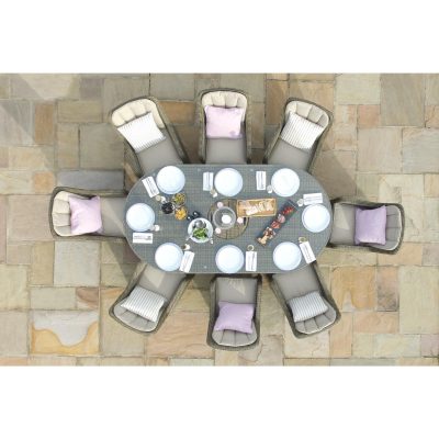 8 Seat Oval Garden Dining Table Set – Inset Ice Bucket – Umbrella – Natural Polyweave