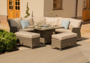 Garden Corner Sofa Dining Set - Inset Fire Pit - Natural Weave