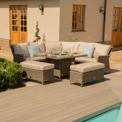 Garden Corner Sofa Dining Set - Inset Fire Pit - Natural Weave