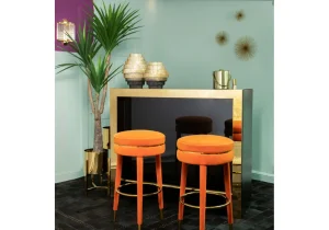 Bar Stool - Gold Trim - Burnt Orange Velvet Fabric