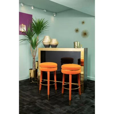 Bar Stool - Gold Trim - Burnt Orange Velvet Fabric
