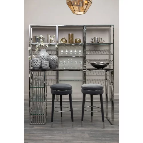 Bar Stool - Grey Velvet Legs - Chrome Trim - Grey Velvet Fabric