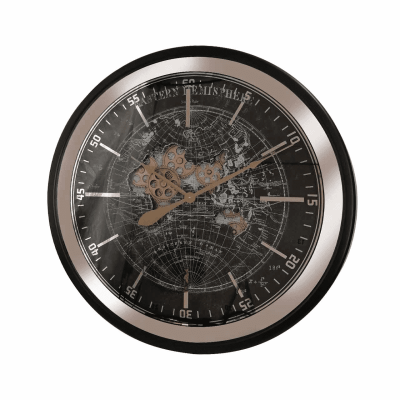 Wall Clock with Moving Cogs & Globe Design – Black & Gold Finish
