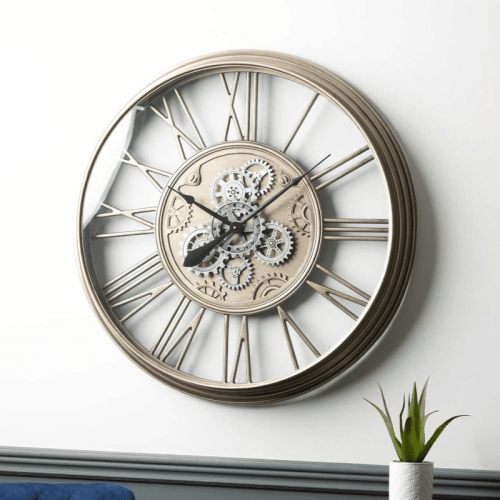 Wall Clock - Moving Cogs - Battery Operated - Champagne Silver Finish