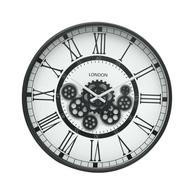 Wall Clock – Moving Cogs – Black & White