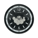 Wall Clock, Cogs, Black, Silver, Glass