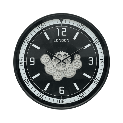 Wall Clock – Moving Cogs – Black & Silver