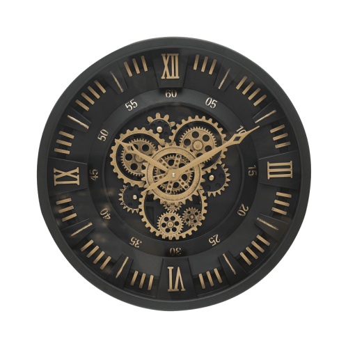 Wall Clock - Glass Face - Battery Operated - Wall Clock - Moving Cogs - Black Metal