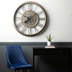Wall Clock - Moving Cogs - Battery Operated - Champagne Silver Finish