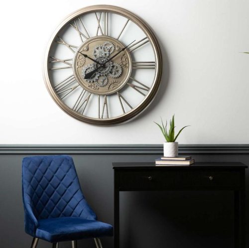 Wall Clock - Moving Cogs - Battery Operated - Champagne Silver Finish