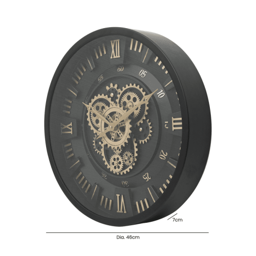 Wall Clock - Glass Face - Battery Operated - Wall Clock - Moving Cogs - Black Metal