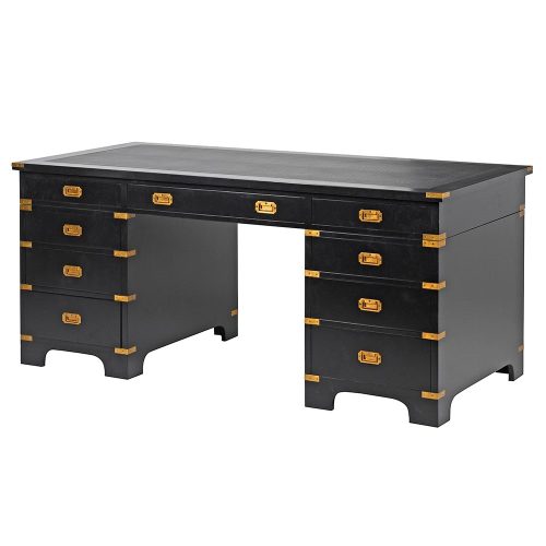 Office Desk Satin Black & Brass Finish - 9 Drawers - Dorchester Black Range