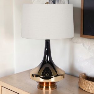 DW - Table Lamp - Amber Based Glass Finished Table Lamp - Round Beige Shade