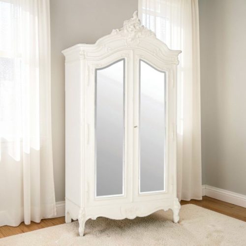 Wardrobe – Double Door Mirrored – French Antique White