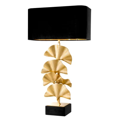 Table Lamp – Polished Brass Palm Leaf Design – Black Velvet Shade