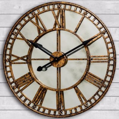 Wall Clock, Antique Mirrored Glass, Battery Operated Antique Gold Finish