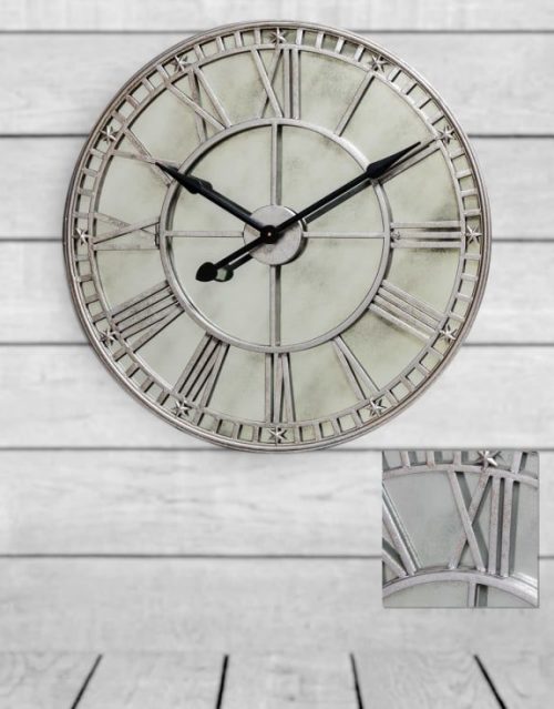 Wall Clock Antique Mirrored Glass - Wall Clock - Battery Operated - Antique Mirrored Glass - Silver Finish