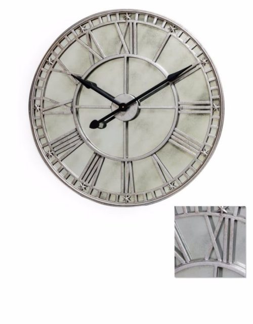 Wall Clock Antique Mirrored Glass - Wall Clock - Battery Operated - Antique Mirrored Glass - Silver Finish