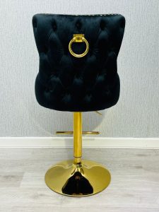 Bar Stool - Gold Base - Lion Knocker & Deep Buttoned - Black Velvet