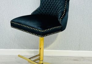 Bar Stool - Gold Base - Lion Knocker & Deep Buttoned - Black Velvet